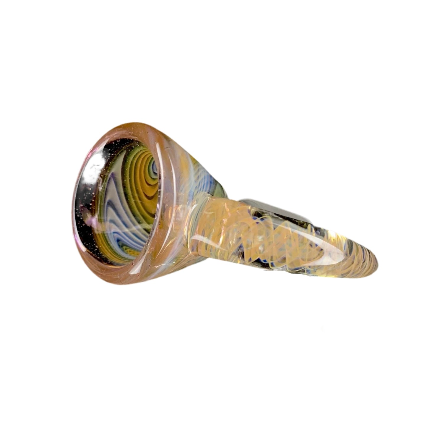 A glass slide with a fume design and a large-pack bowl, featuring a multicolored pattern, predominantly in shades of yellow and blue.