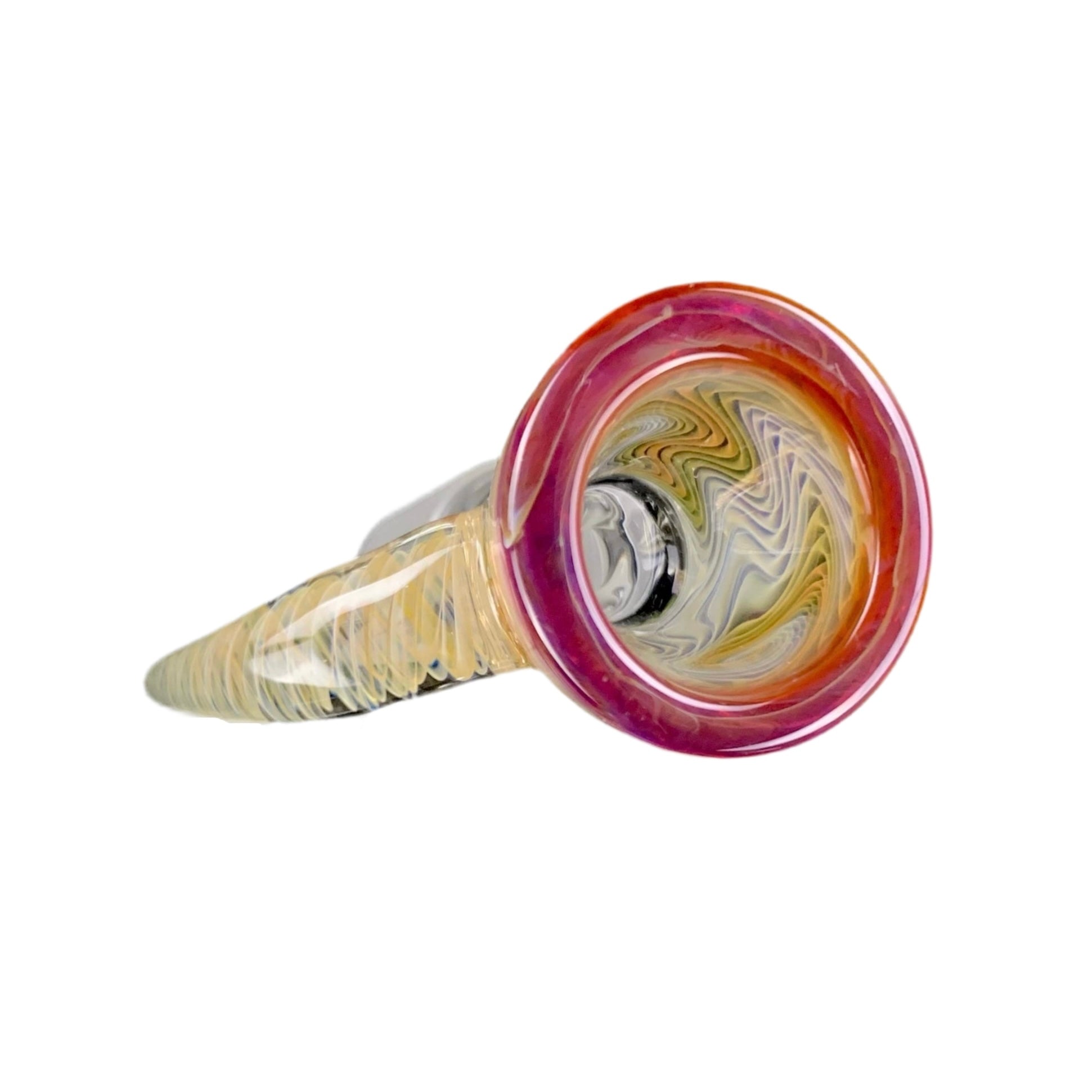 A glass fume slide with an amber purple color accent on the lip and swirling patterns inside the bowl.