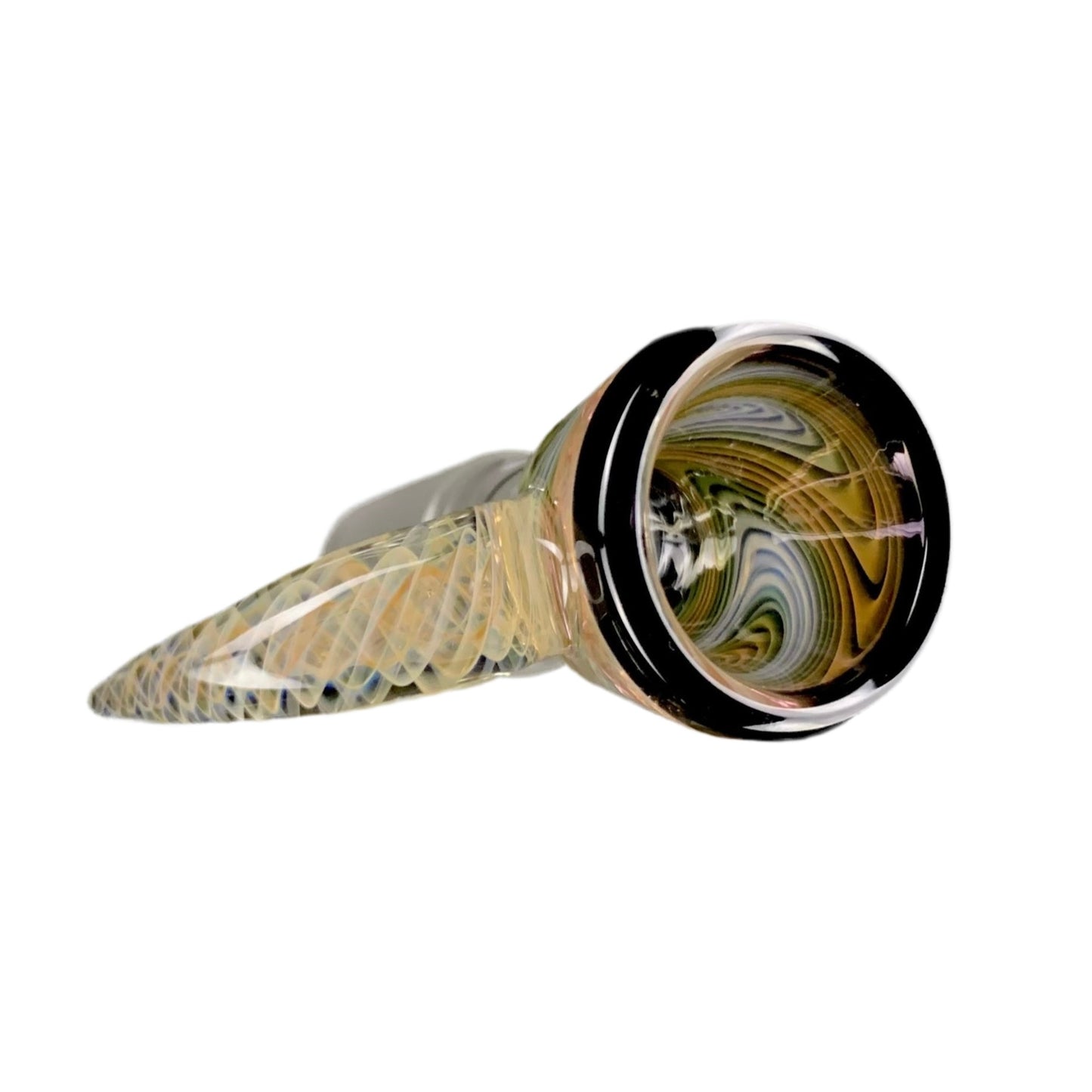 A glass fume slide with a jet black color accent on the lip and visible internal swirling patterns.