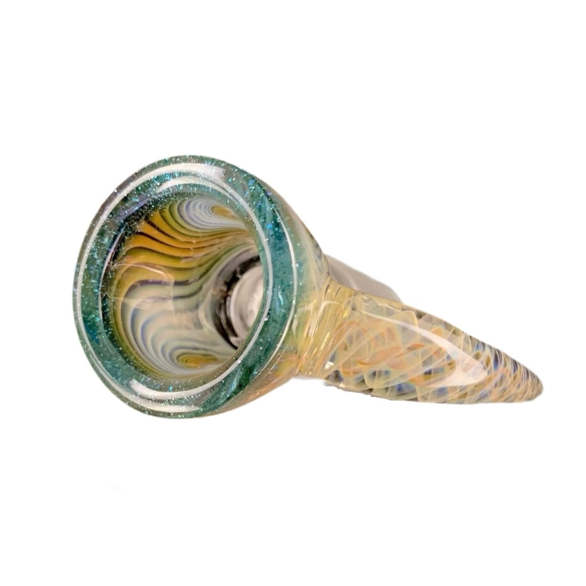 A glass fume slide with a blue stardust color accent on the lip and swirling patterns of beige and blue colors.