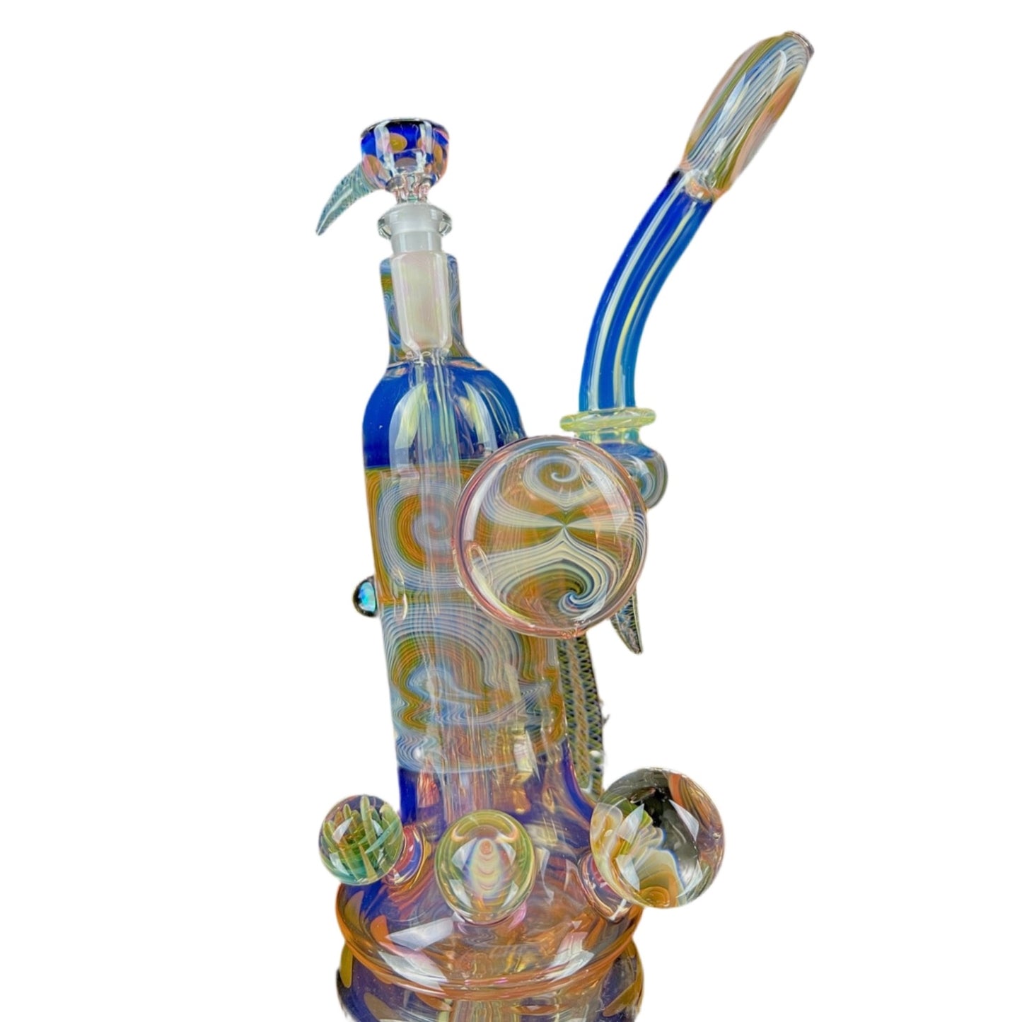 A colorful glass piece with a small bulbous base, a tall neck with a removable mouthpiece, and intricate glasswork patterns.