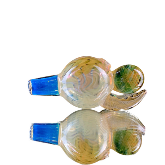 A colorful glass bubble cap with blue accents, designed for use with glass pipes.