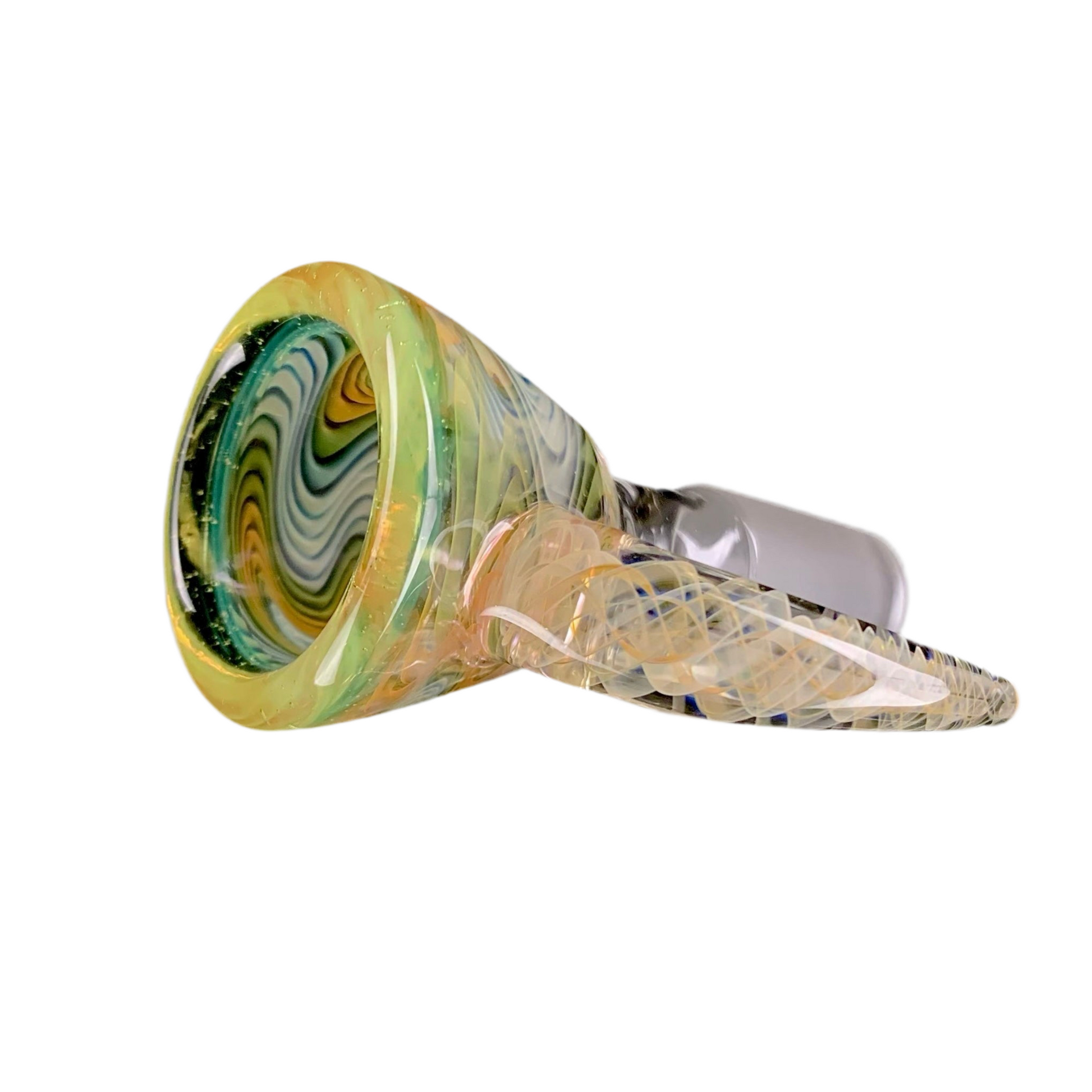 A glass slide with a 14mm single hole, featuring a 'Crippy' color accent on the lip. The slide is primarily clear with swirls of green and yellow.