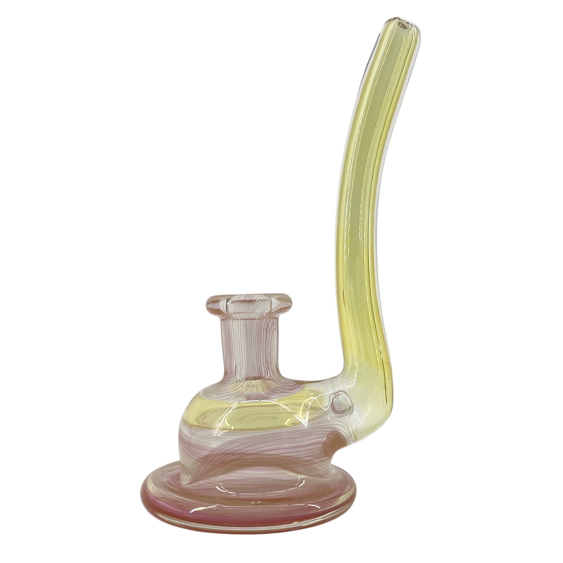 Glass smoking device with a long neck on a white background.