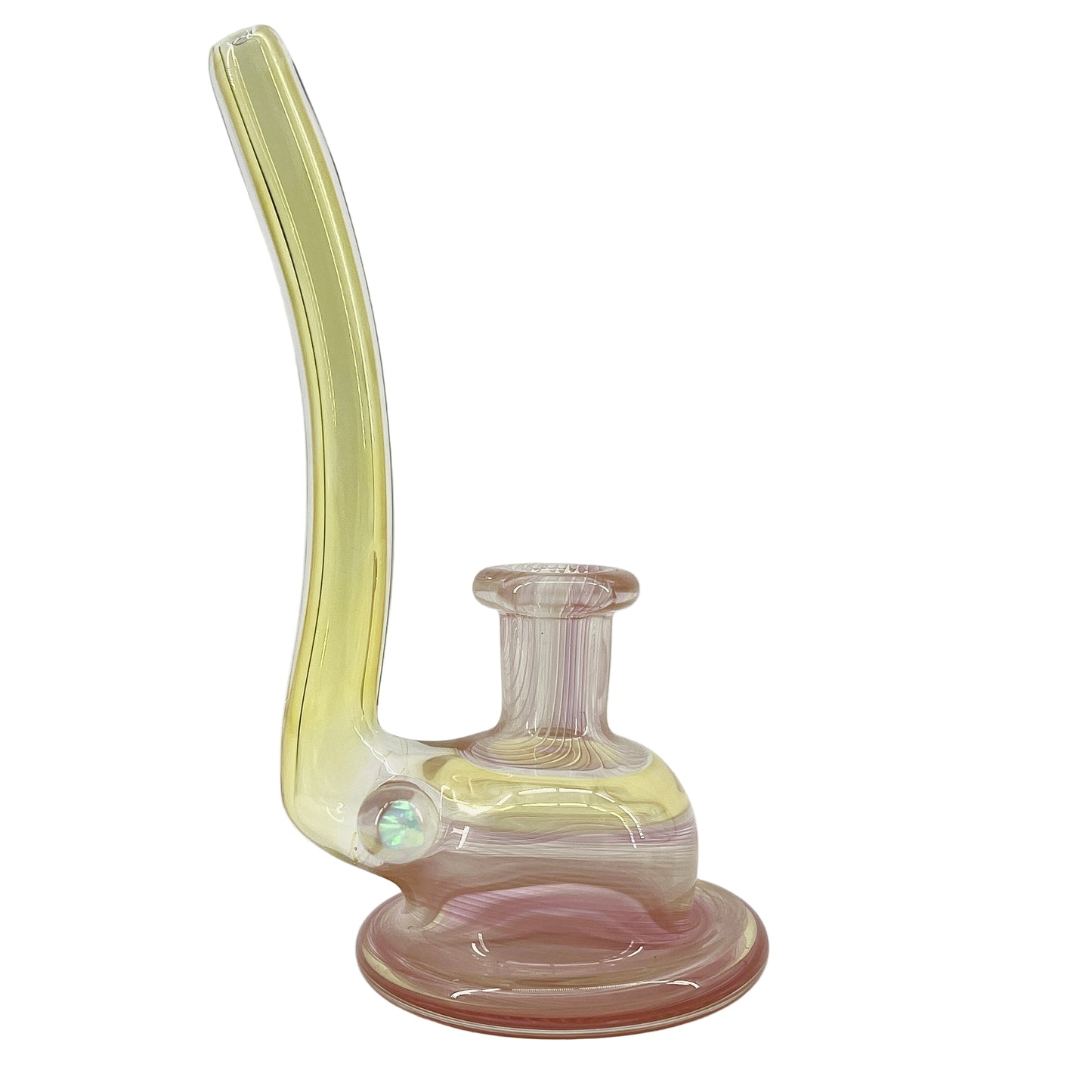 Glass smoking device with a curved neck on a white background.