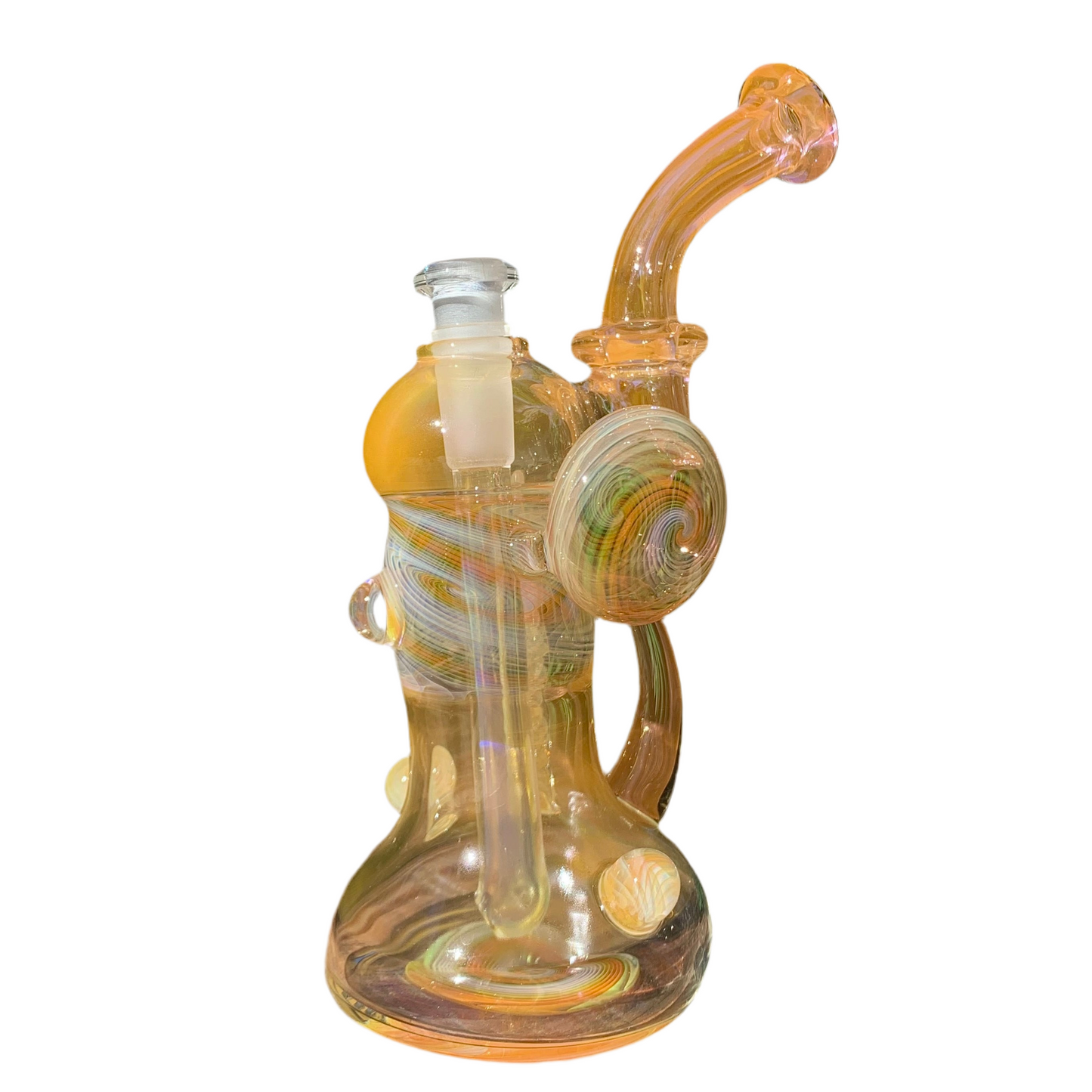 A glass fume bubbler with a removable down stem and colorful accents, standing 7 inches tall.