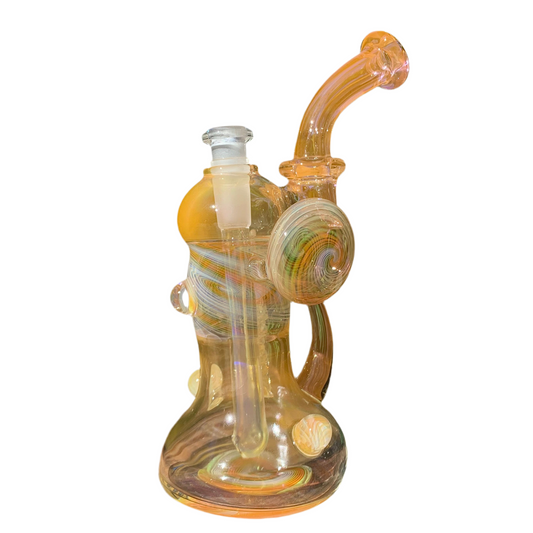 A glass fume bubbler with a removable down stem and colorful accents, standing 7 inches tall.