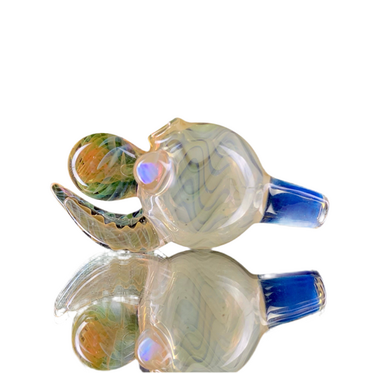A colorful glass bubble cap with swirls of blue and green, and a clear base.