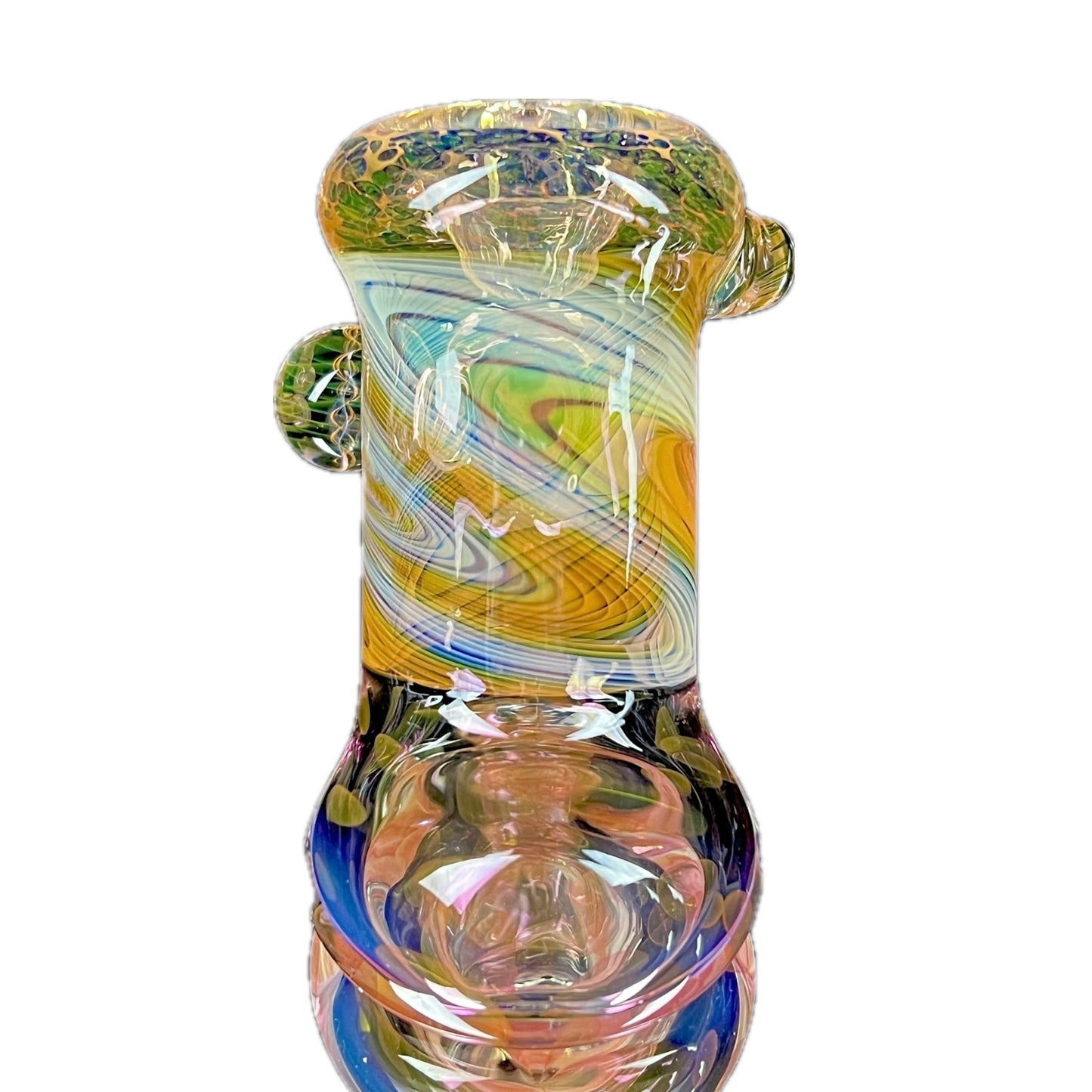 A multicolored glass hammer-style pipe with intricate patterns and a round bowl.