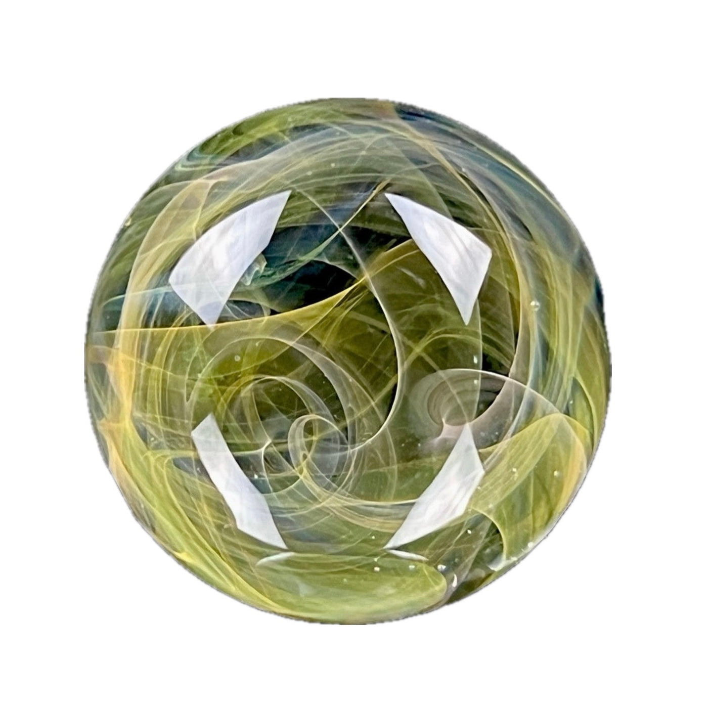 A spherical glass piece with green and white swirls, resembling a fume or smoke effect, with visible handcrafted details.