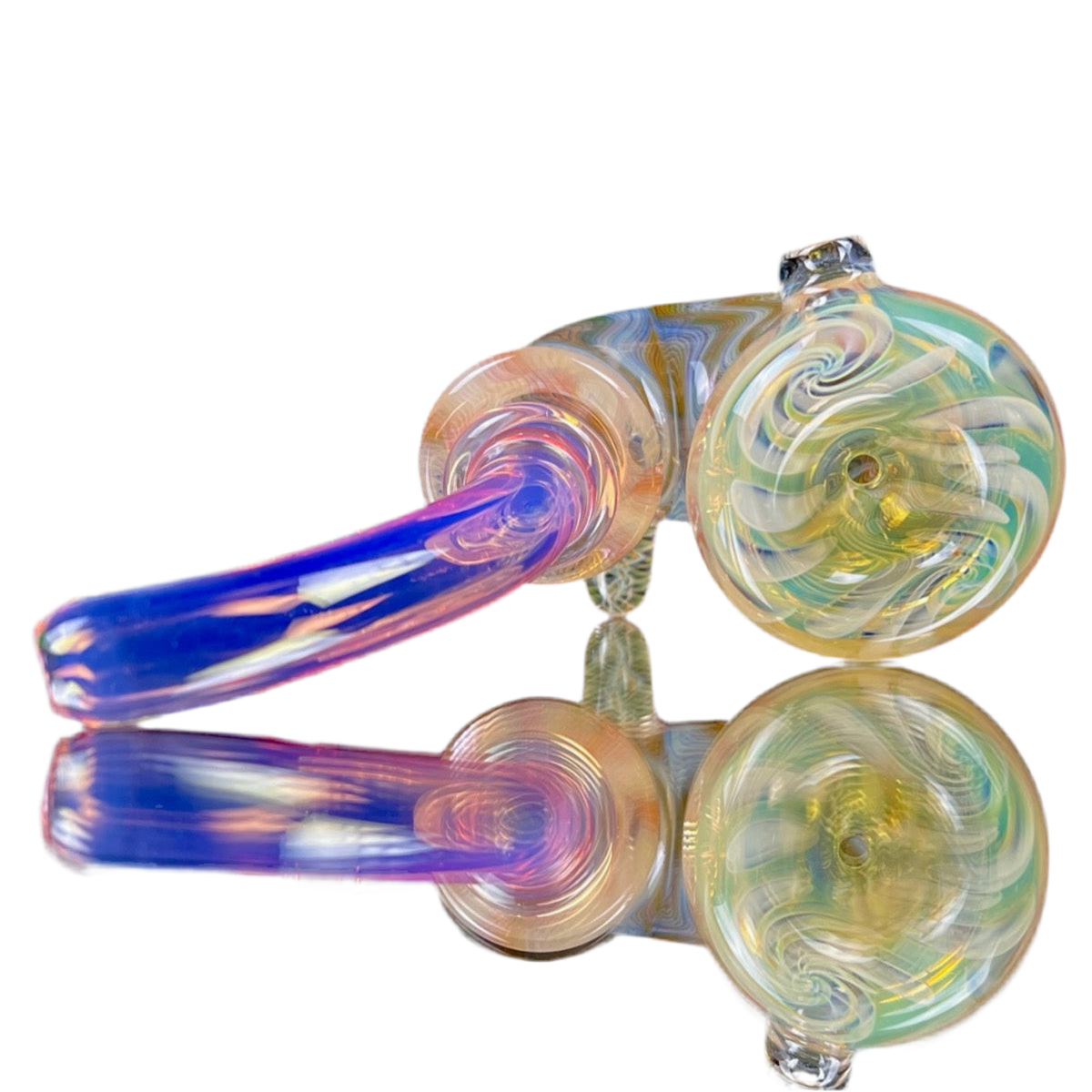 A multicolored glass hand pipe with a medium-pack bowl, featuring blue, purple, and green swirls in the glass.