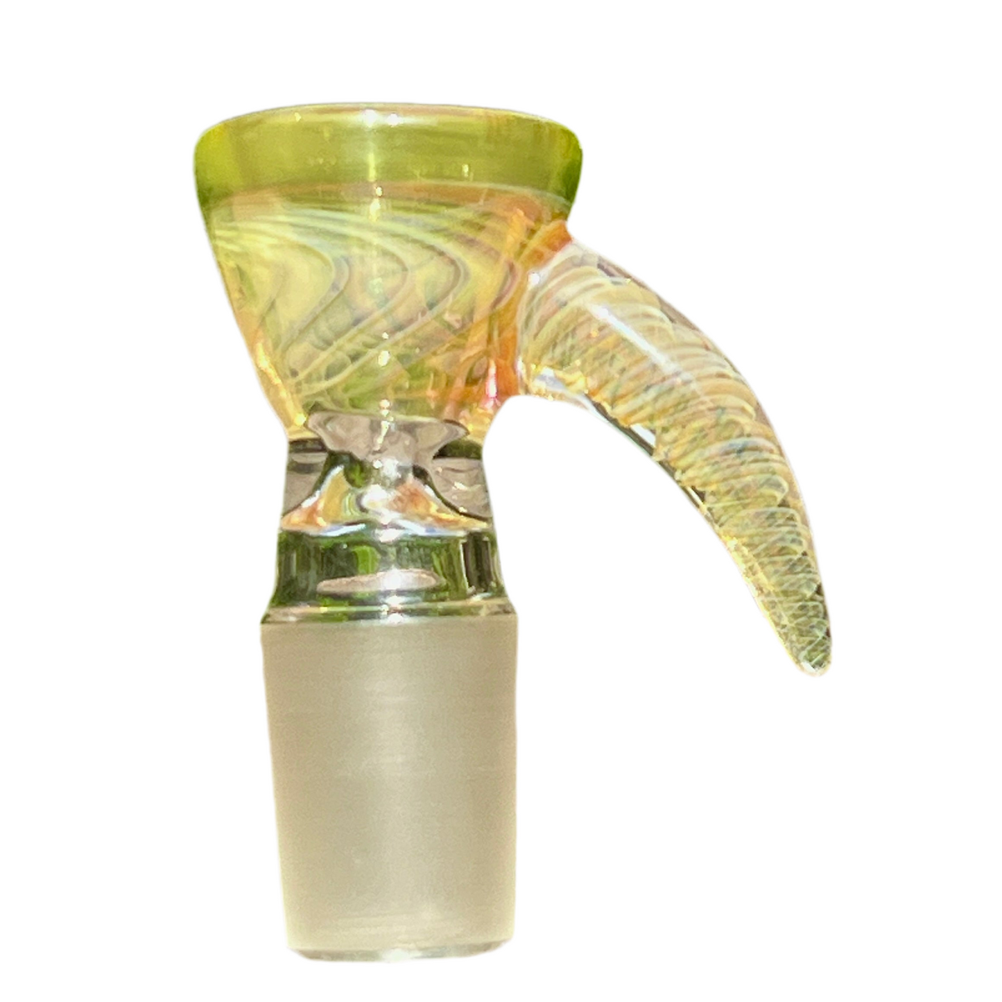 Glass slide with a green and beige design on a white background.