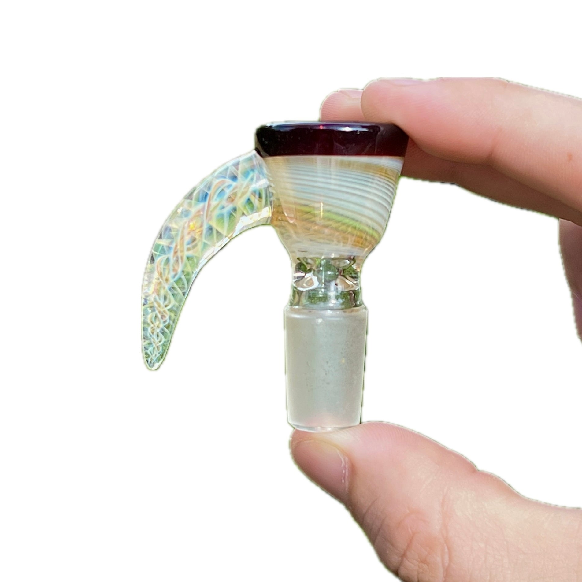 Glass slide held by a hand on a white background