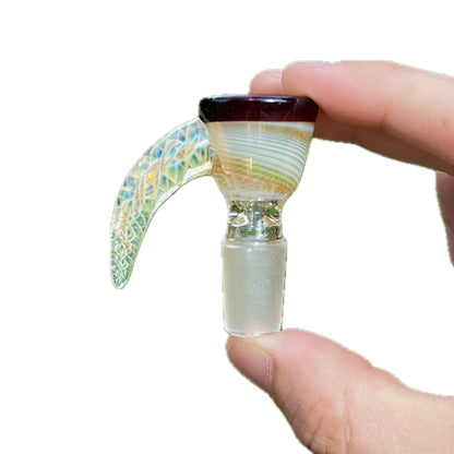 Glass slide held by a hand on a white background