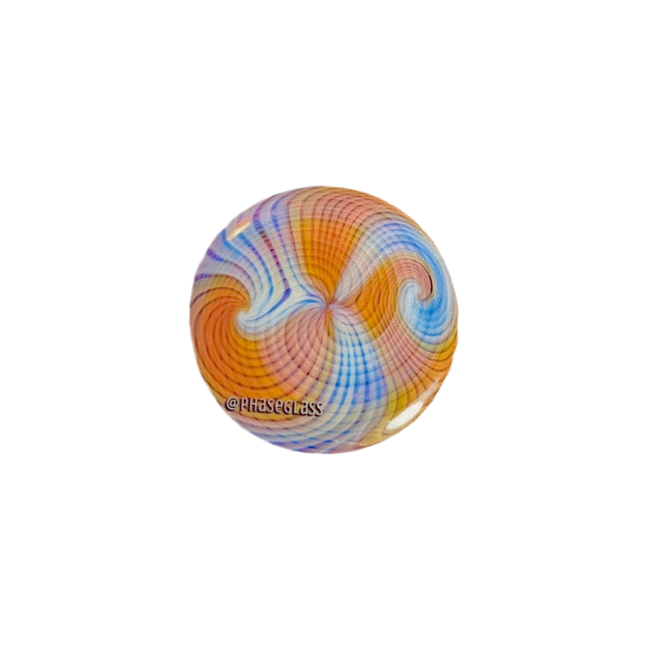 Colorful sticker with swirling pattern on a white background.