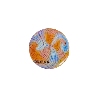 Colorful sticker with swirling pattern on a white background.