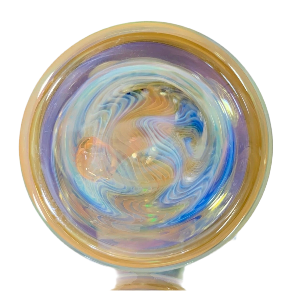 A multicolored glass piece with swirl patterns, likely the top section of a pipe, with a visible brand name 'Phase Glass'.