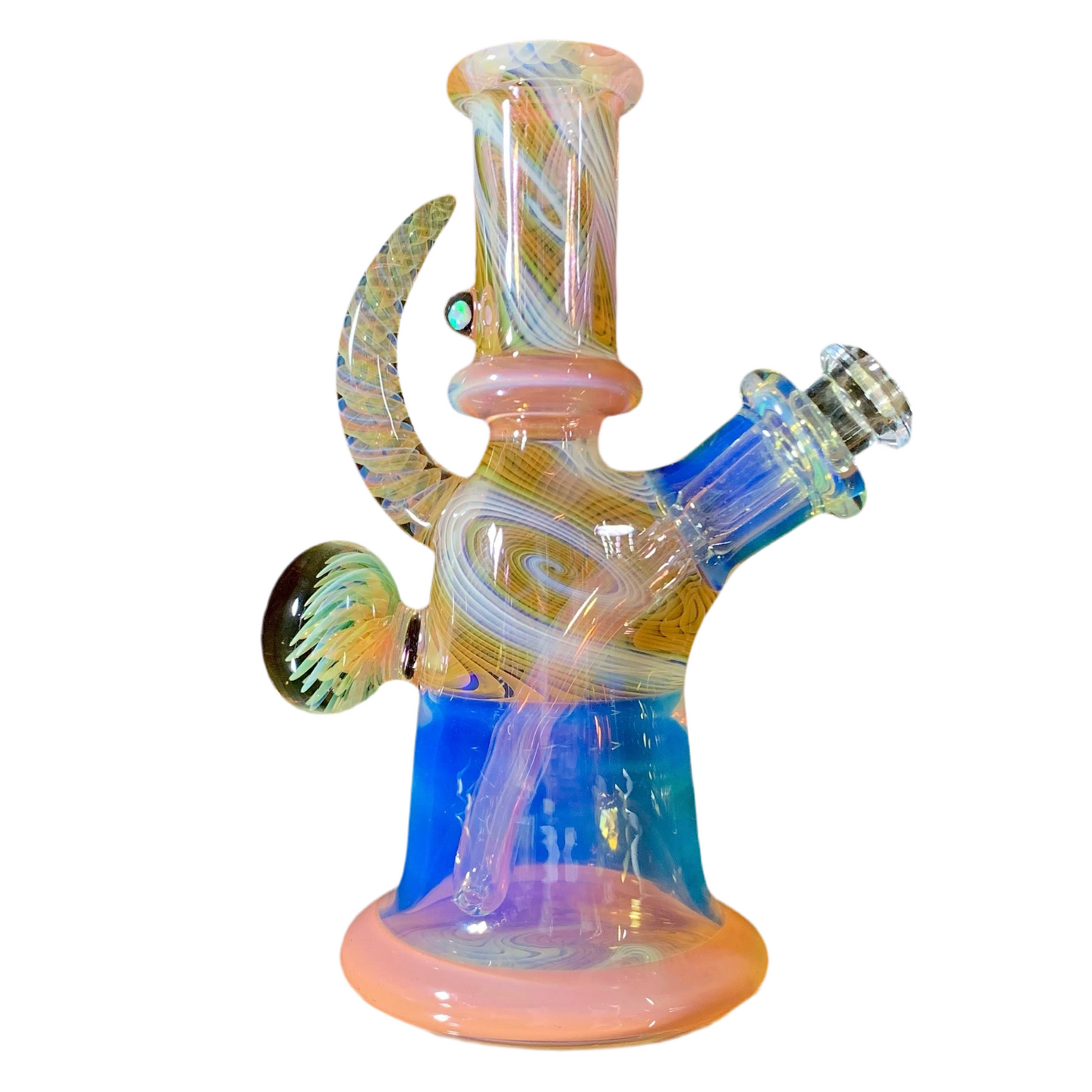 A colorful glass tube with a swirling pattern, featuring a side arm and a small protrusion resembling a hand. The tube has a bulbous base and a narrower top.