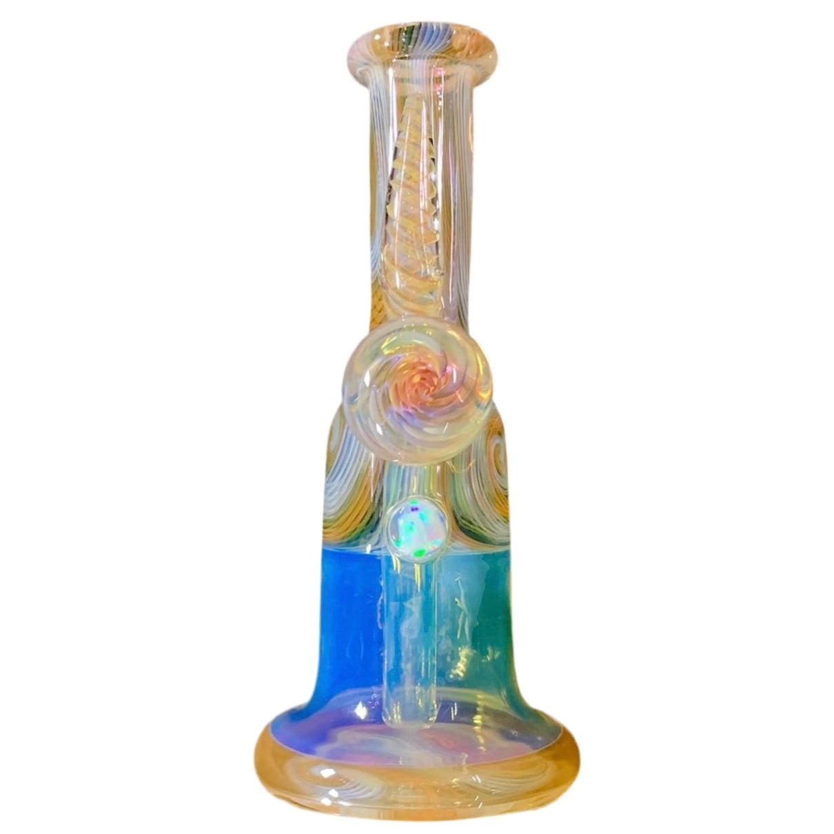 A colorful glass pipe with a unique design, featuring multiple colors and a removable downstem.
