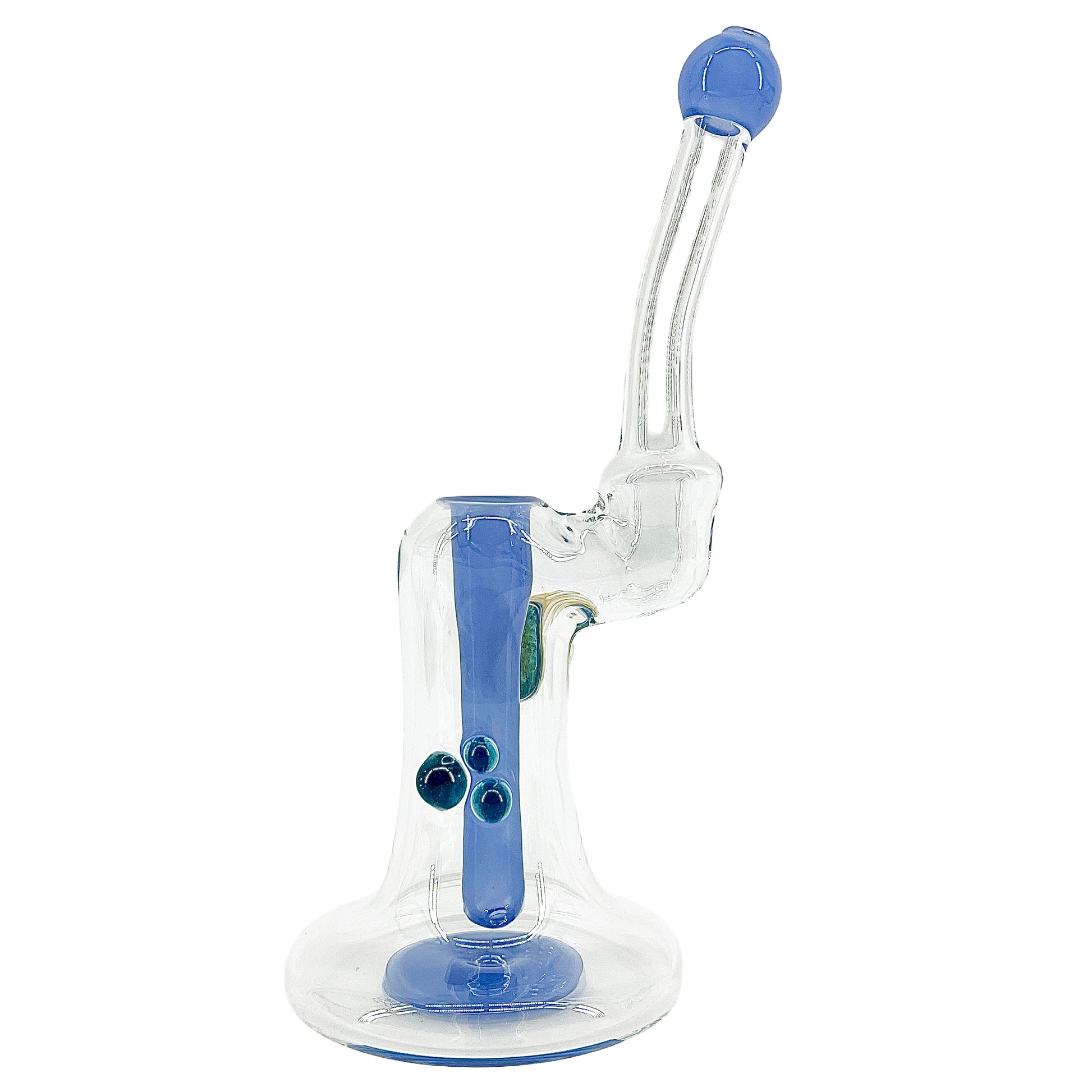 Clear bubbler with blue accents on a white background.