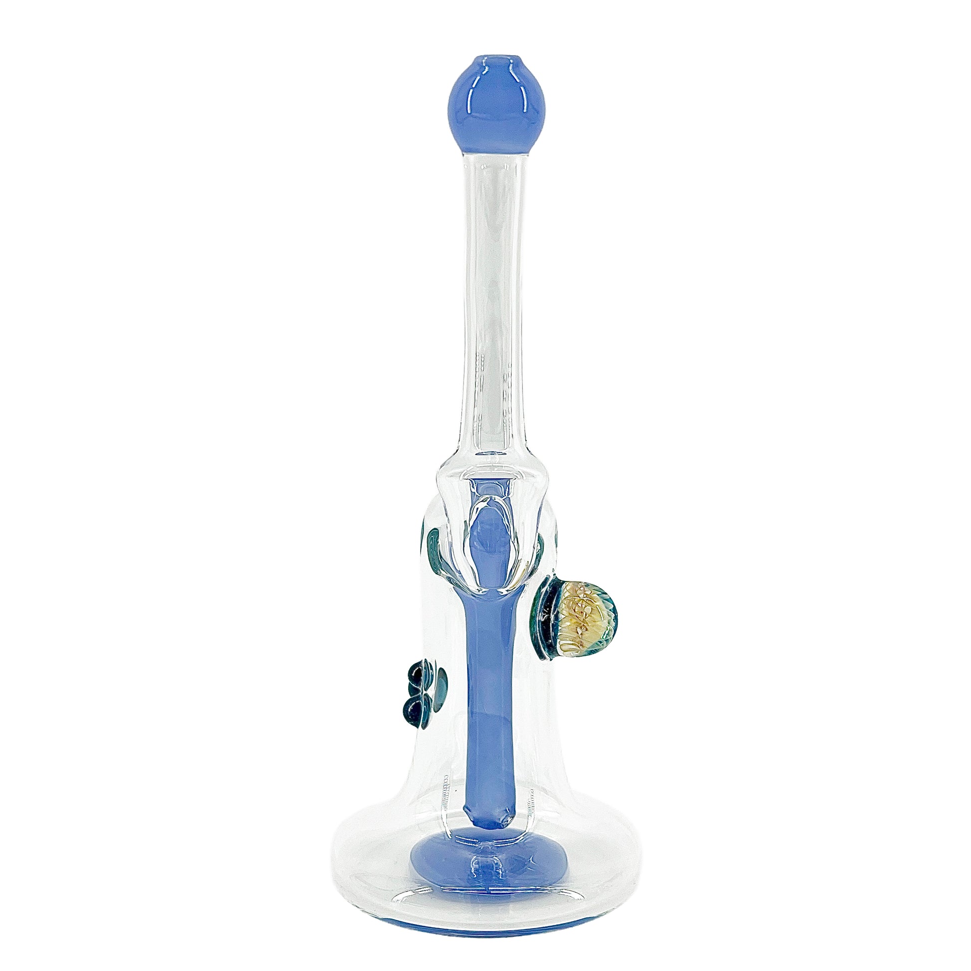 Clear bubbler with blue accents on a white background.