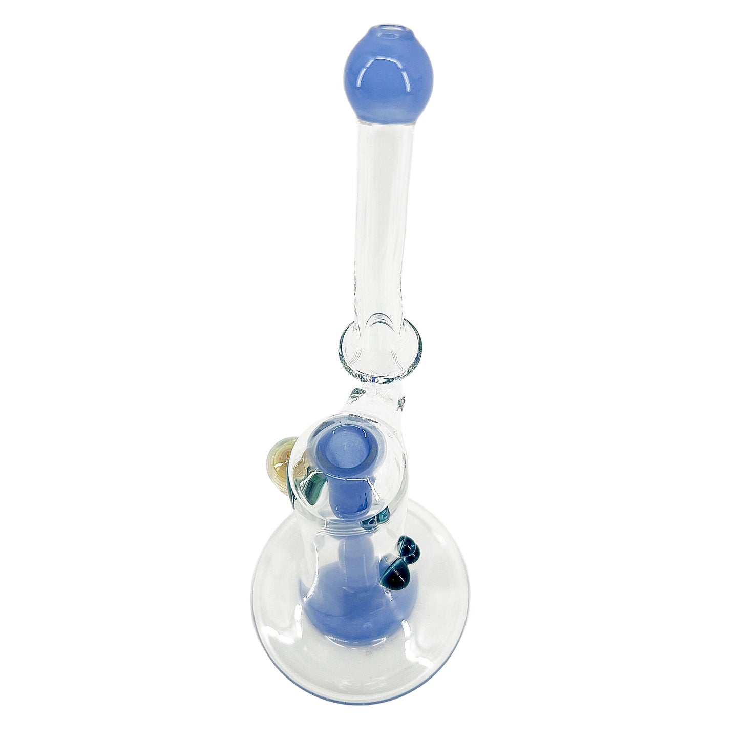 Clear bubbler with blue accents on a white background.