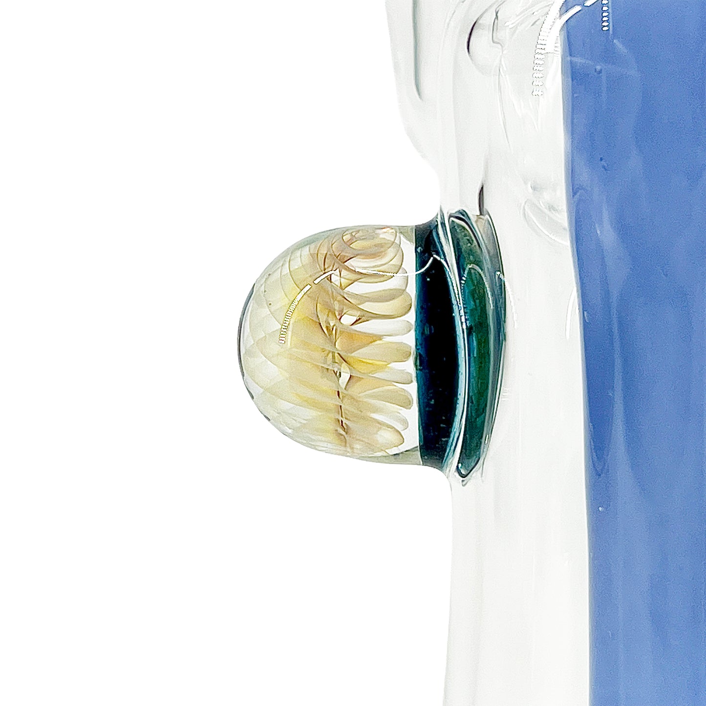 Clear bubbler with blue accents on a white background.