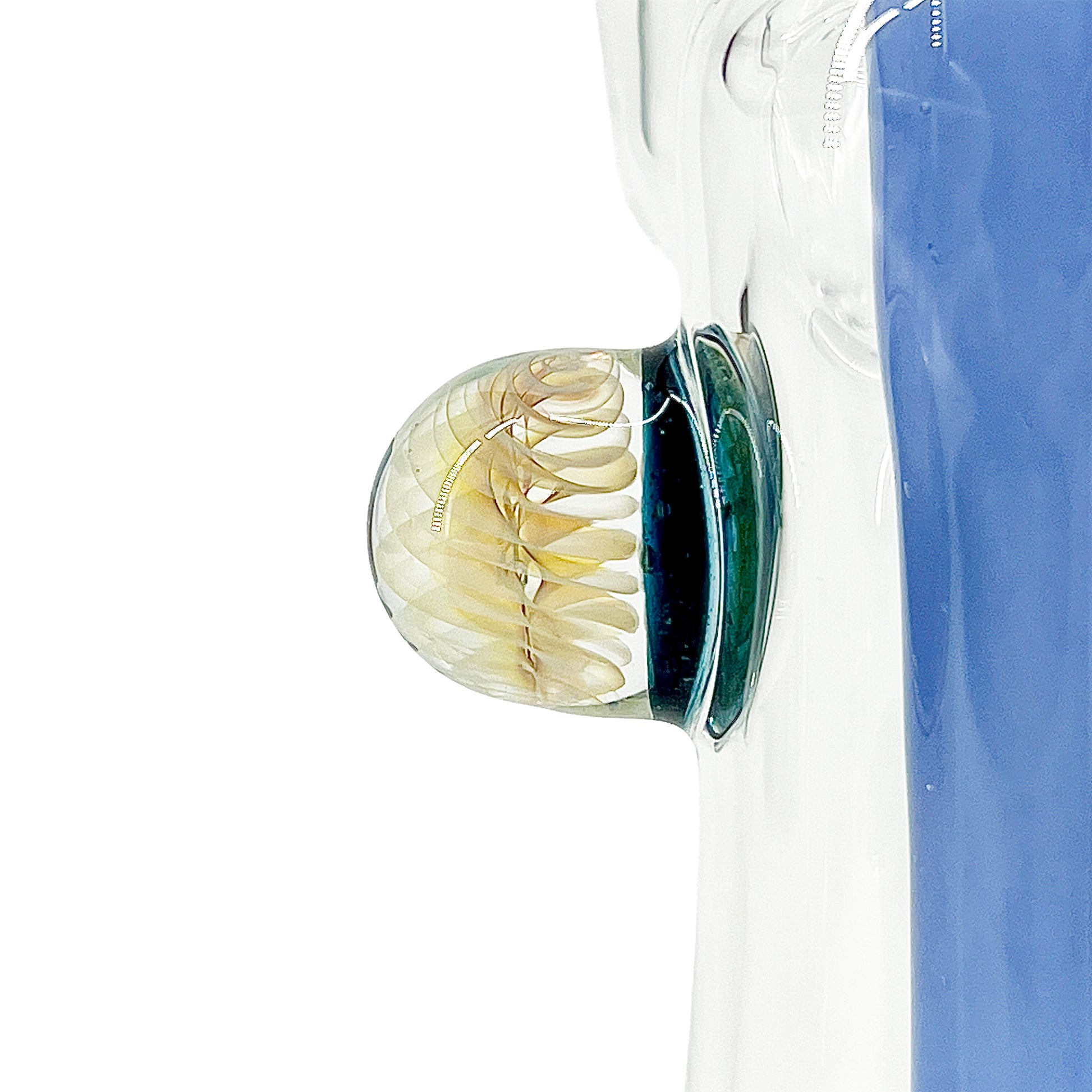 Clear bubbler with blue accents on a white background.