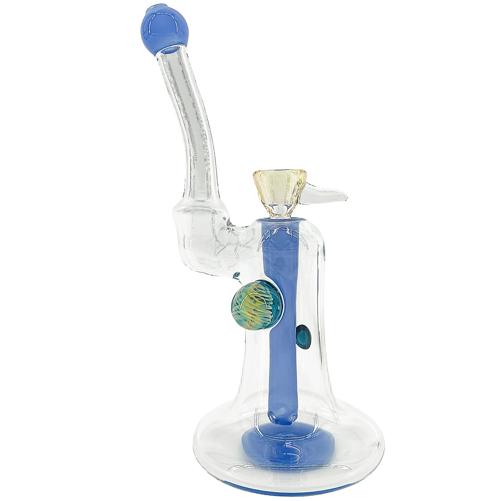 Clear bubbler with blue accents on a white background.