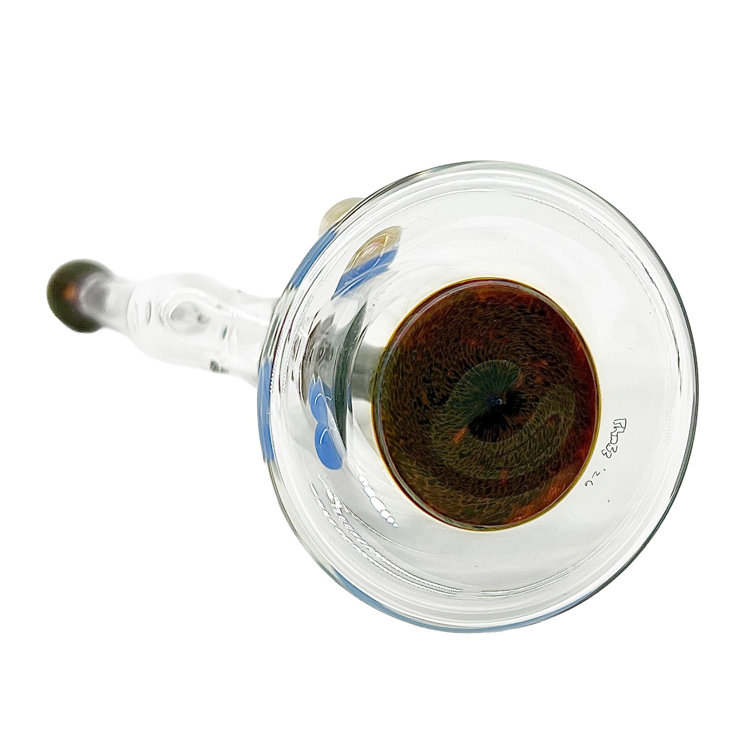 Base of a Clear bubbler with dark accents on a white background.