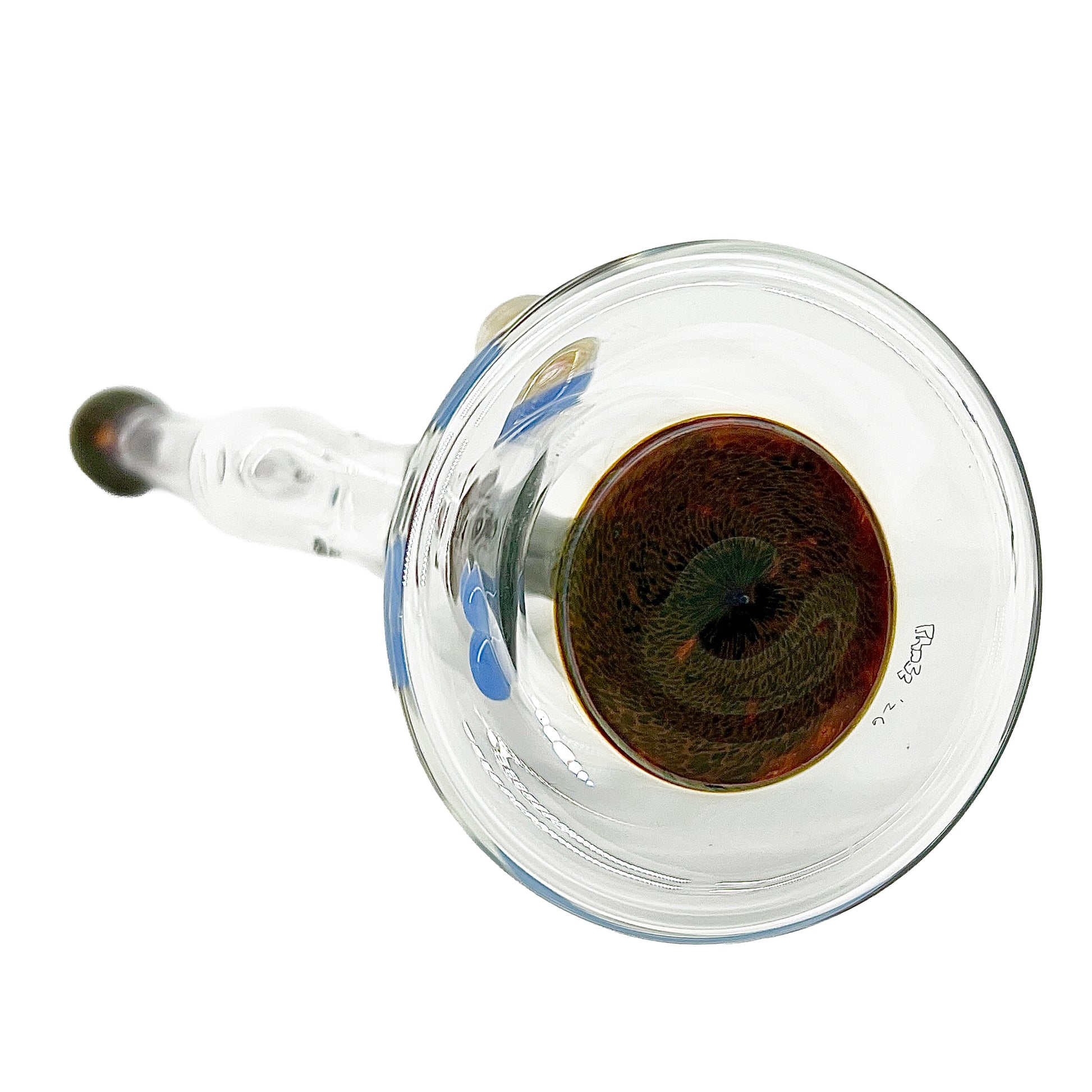 Base of a Clear bubbler with dark accents on a white background.