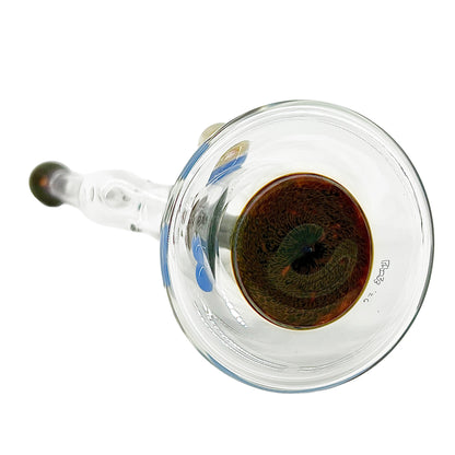 Base of a Clear bubbler with dark accents on a white background.
