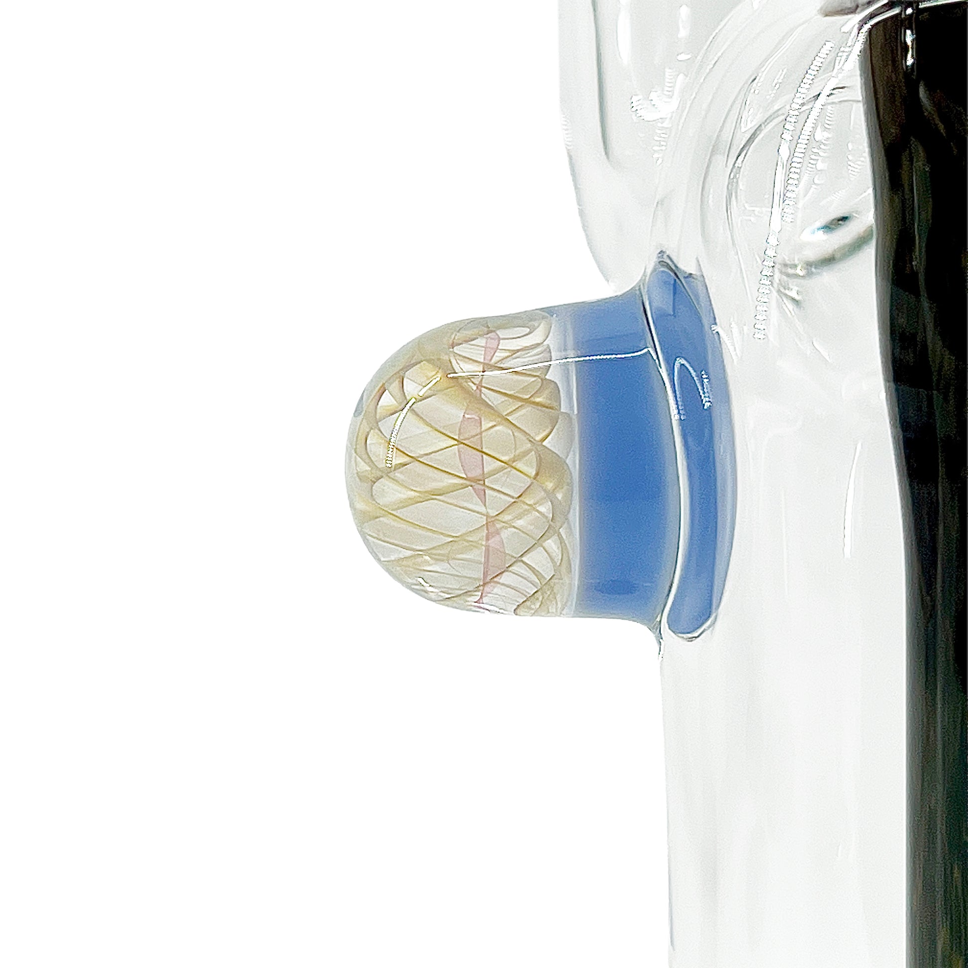 Close up of a clear bubbler with dark accents on a white background.