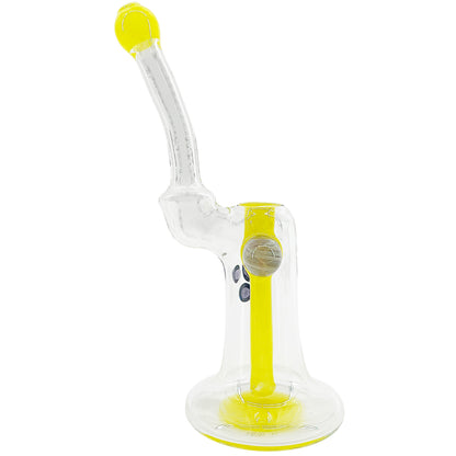 Clear bubbler with yellow accents on a white background.