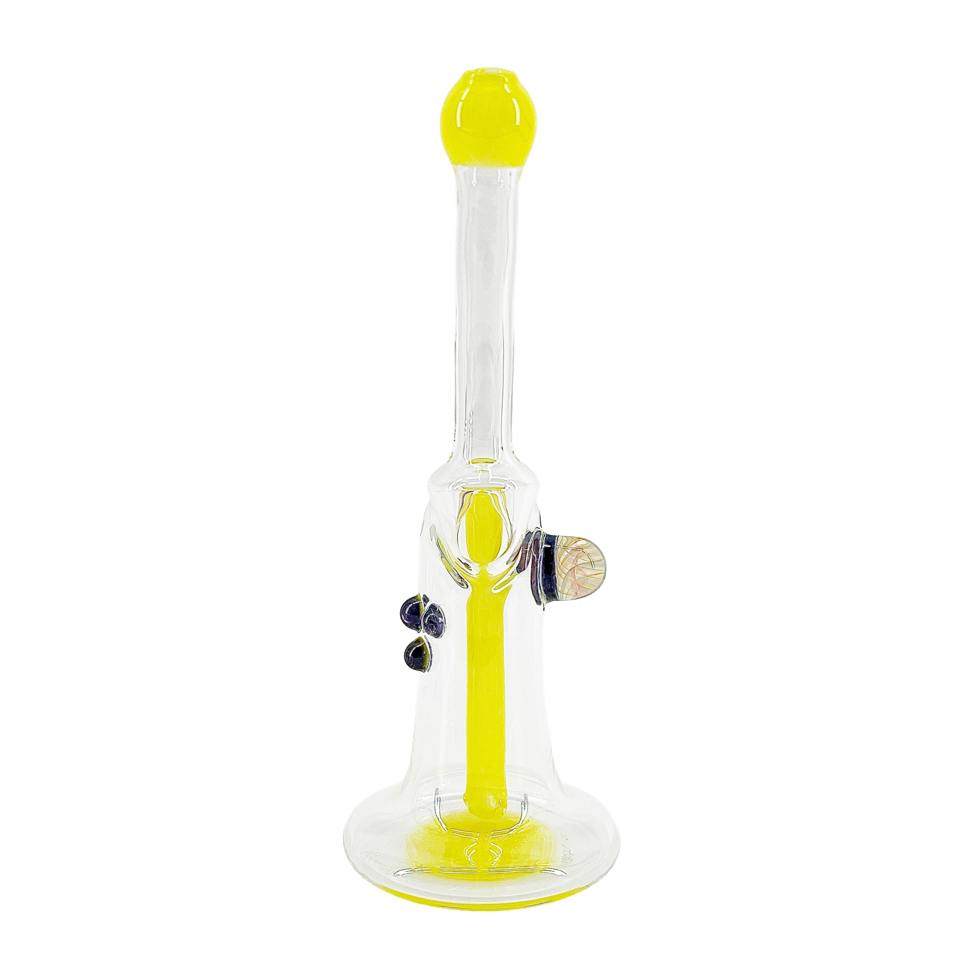 Clear bubbler with yellow accents on a white background.