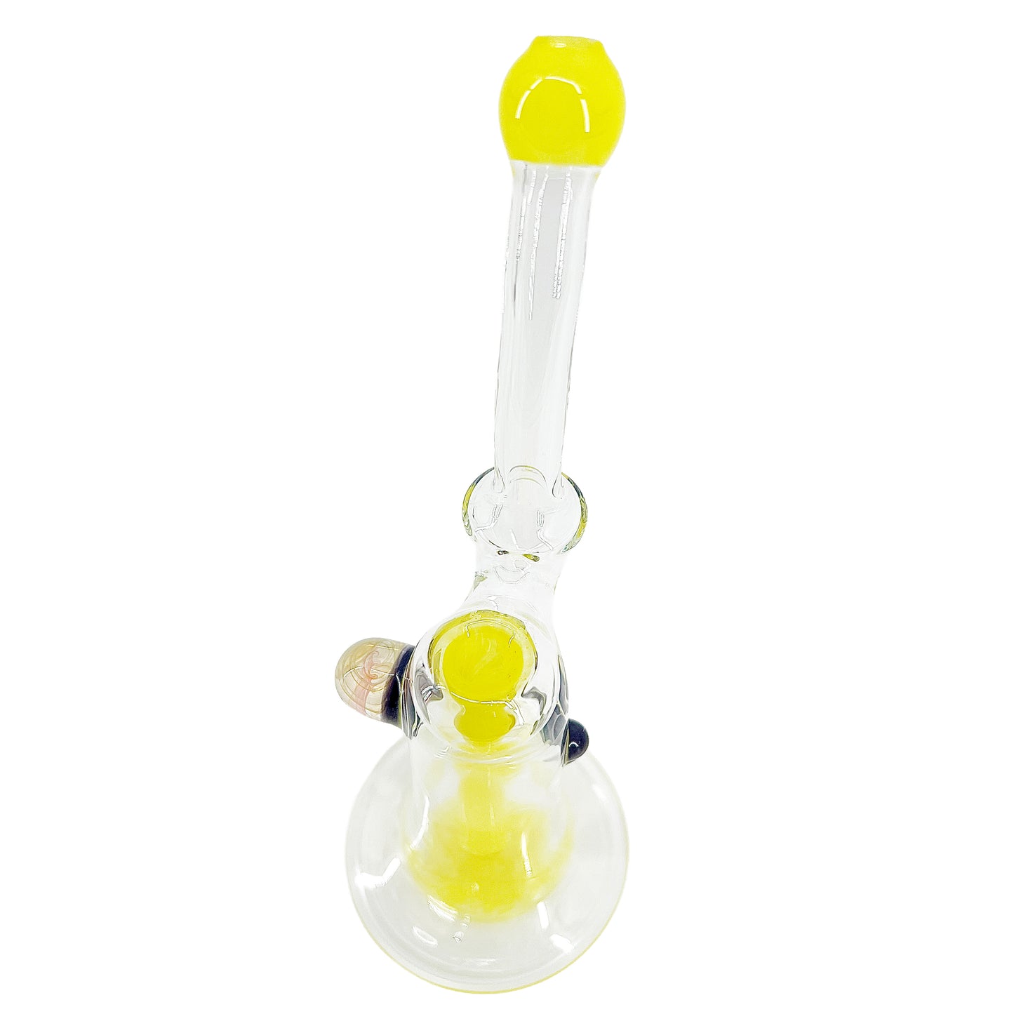 Clear bubbler with yellow accents on a white background.