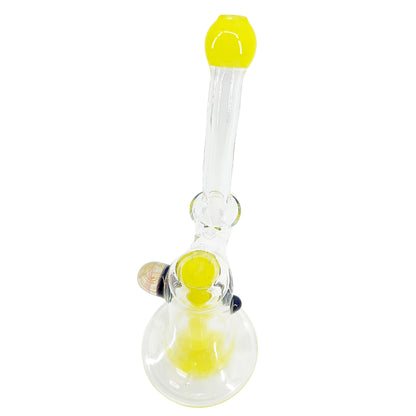 Clear bubbler with yellow accents on a white background.