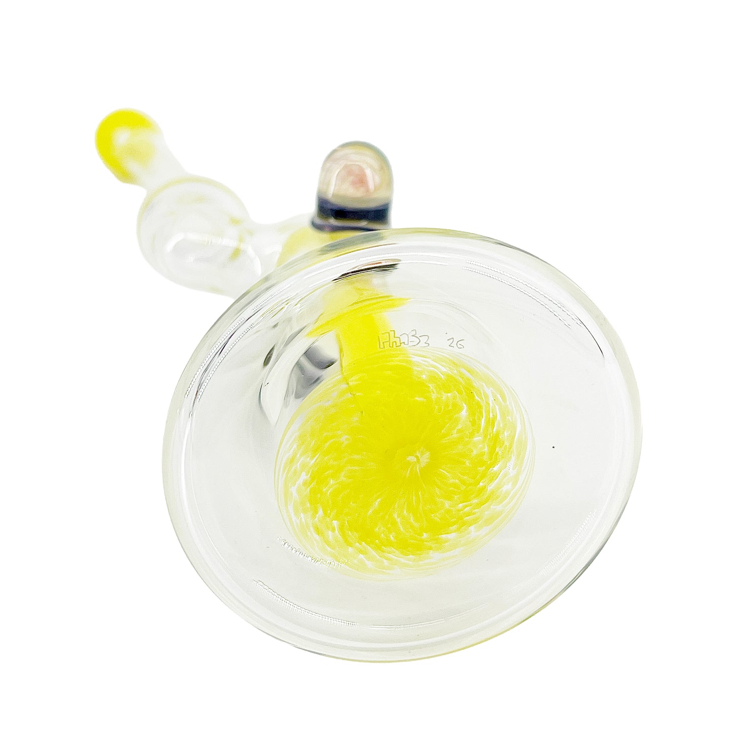 Base of a clear bubbler with yellow accents on a white background.