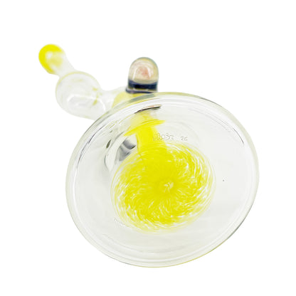 Base of a clear bubbler with yellow accents on a white background.