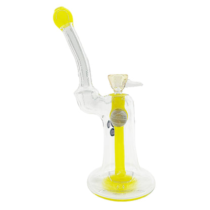 Clear bubbler with yellow accents on a white background.