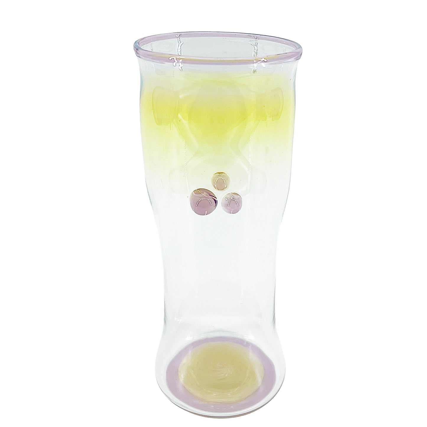 Clear glass cup with color accents on a white background.