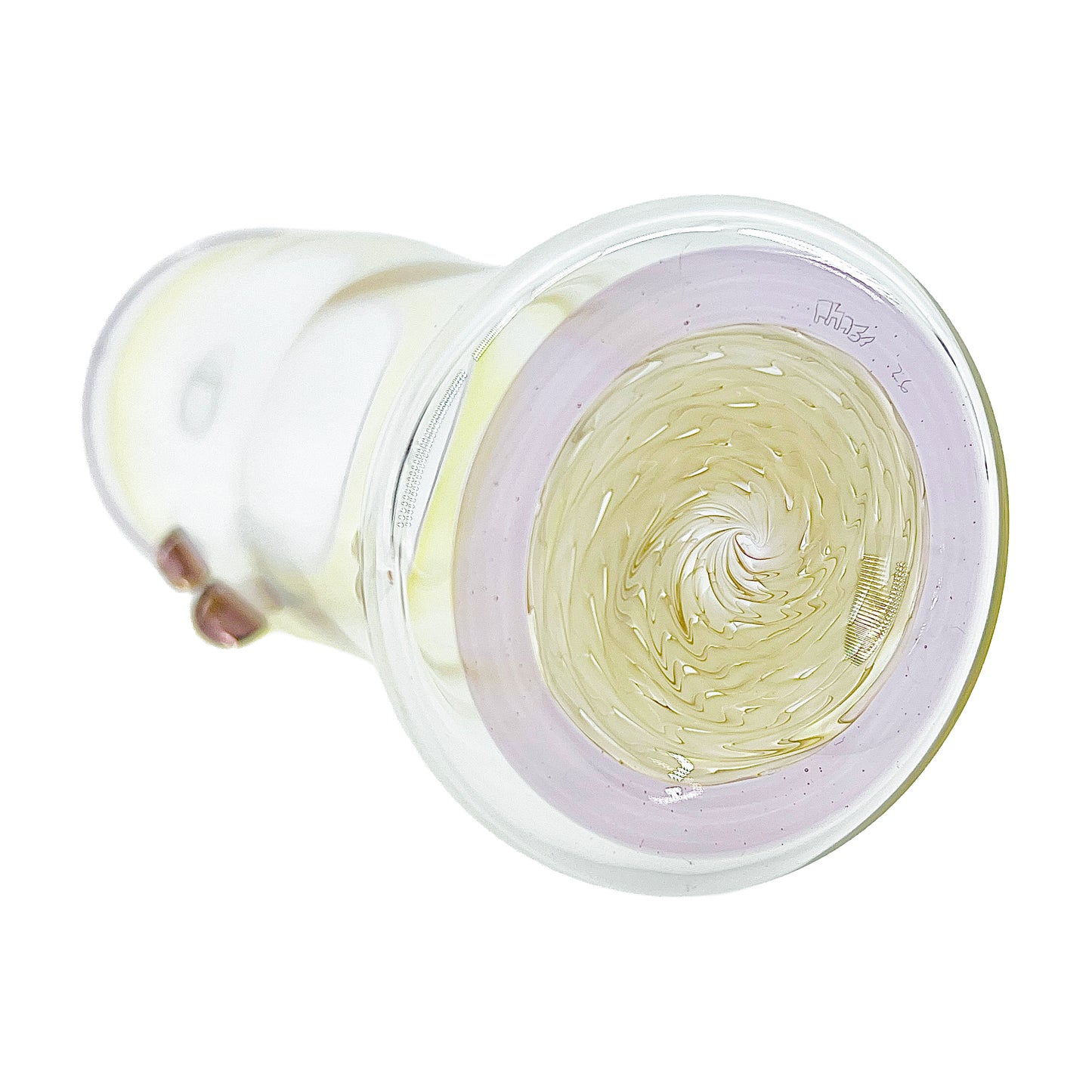 Clear glass cup with color accents on a white background.