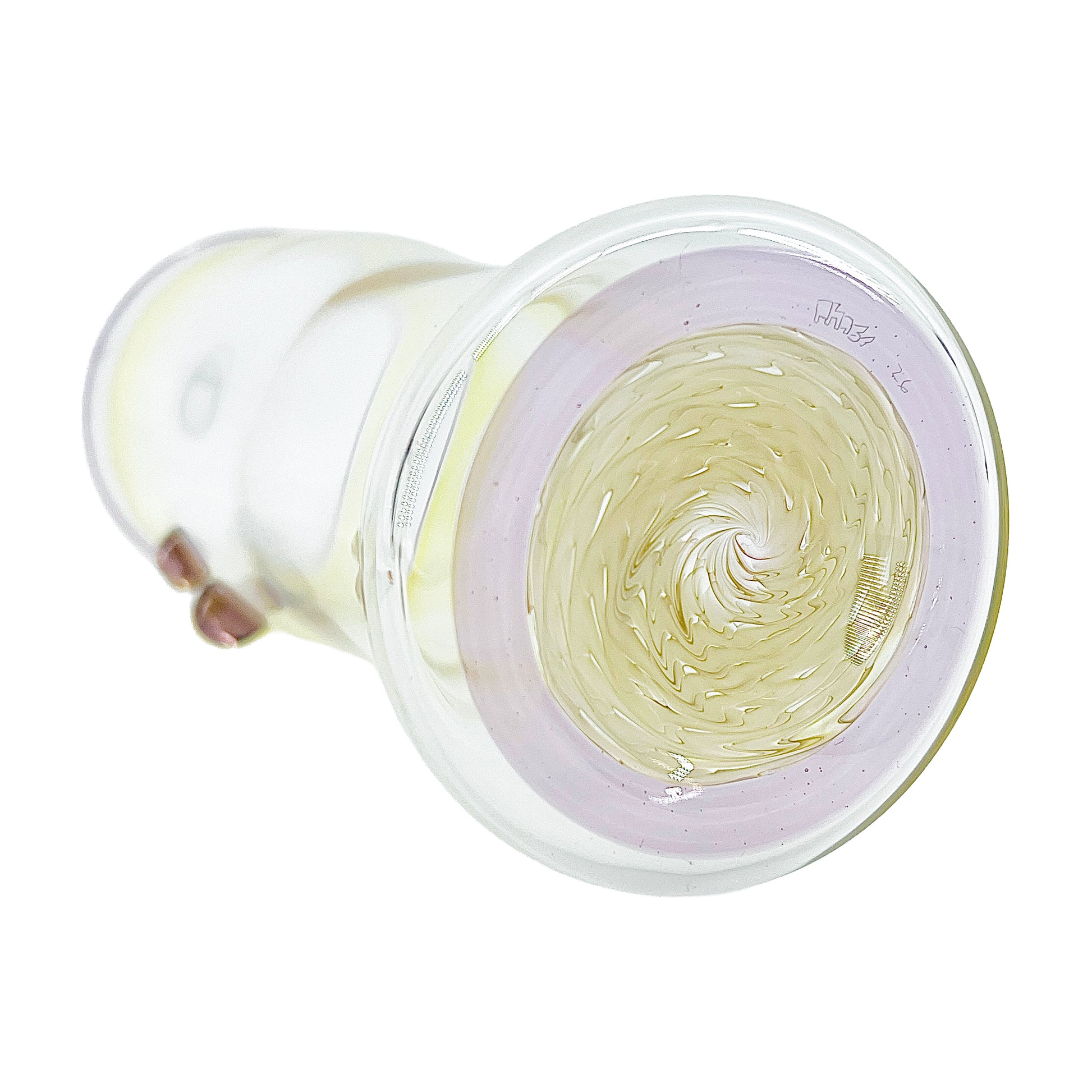 Clear glass cup with color accents on a white background.
