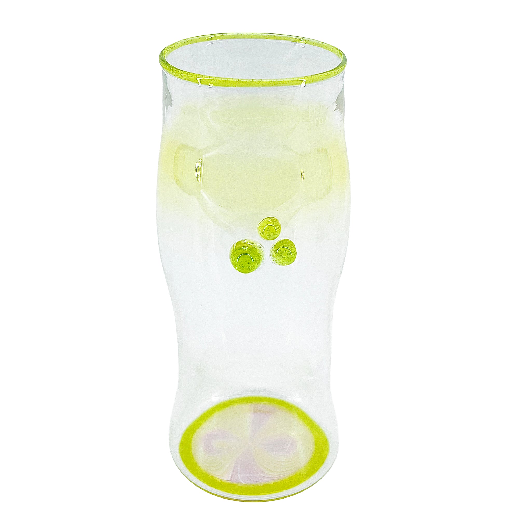 Clear glass cup with color accents on a white background.
