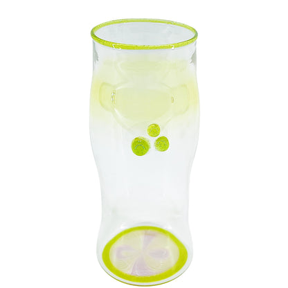 Clear glass cup with color accents on a white background.