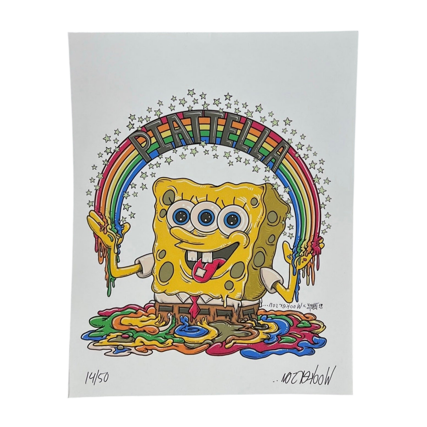 A colorful print of a cartoon character resembling SpongeBob SquarePants, with a rainbow and stars in the background, signed by the artist with the signature located at the bottom right corner.