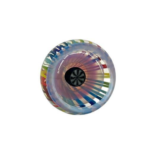 A multicolored glass marble with pinwheel-like linework and a visible black & white center.
