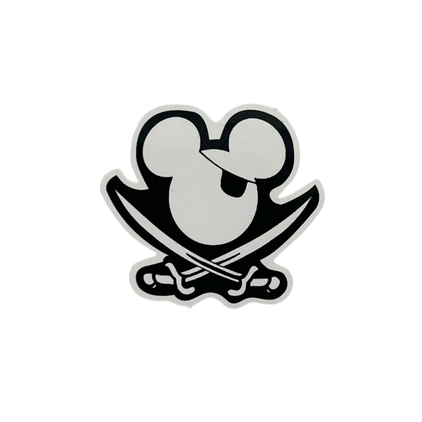 Pirate-themed sticker with a stylized face and crossed swords on a white background.