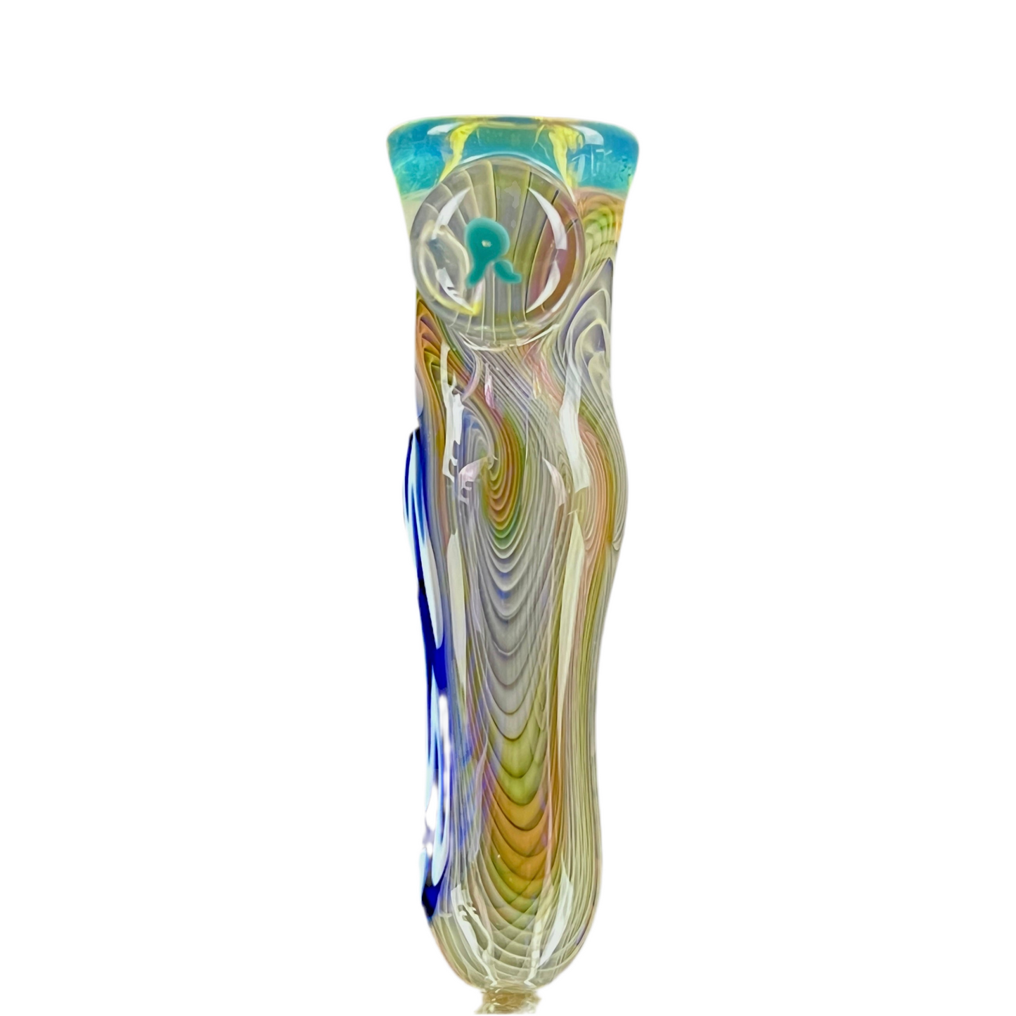 A colorful glass chillum with a swirl pattern and a color lip at the top, featuring a encased Pretty Lights millie.
