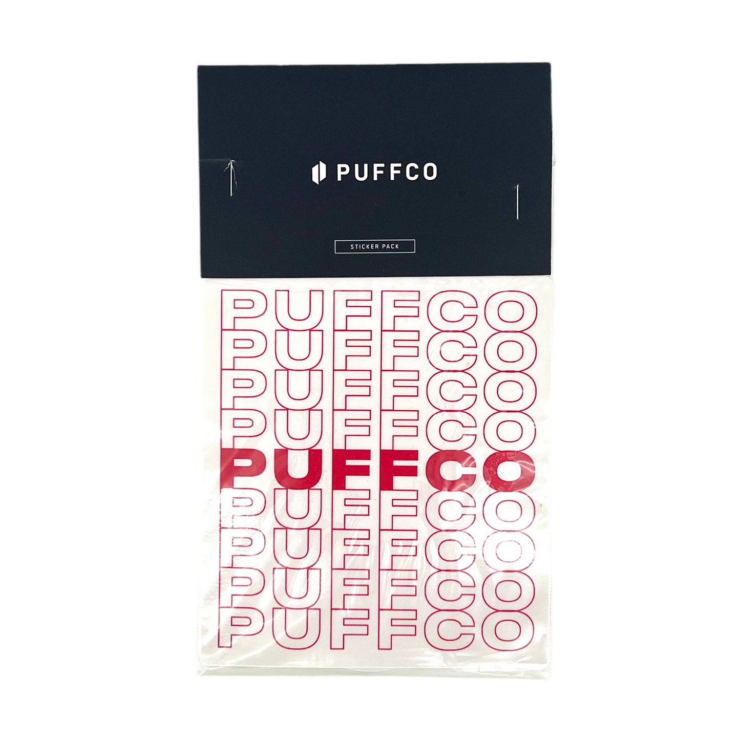 Puffco sticker pack with black box and red text on a white background.